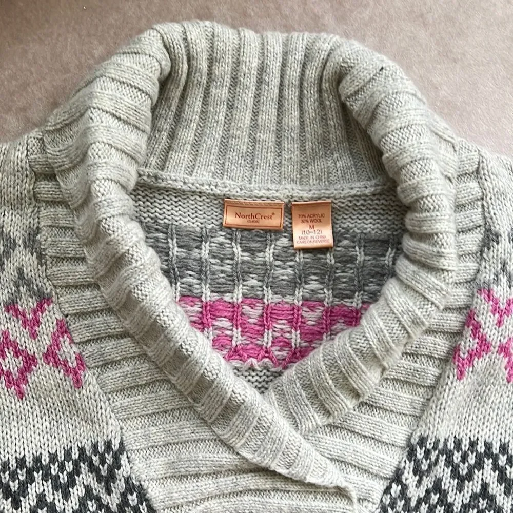 Northcrest Classic *Shawl Collar* Gray & Pink Wool Blend Sweater Sz M EUC